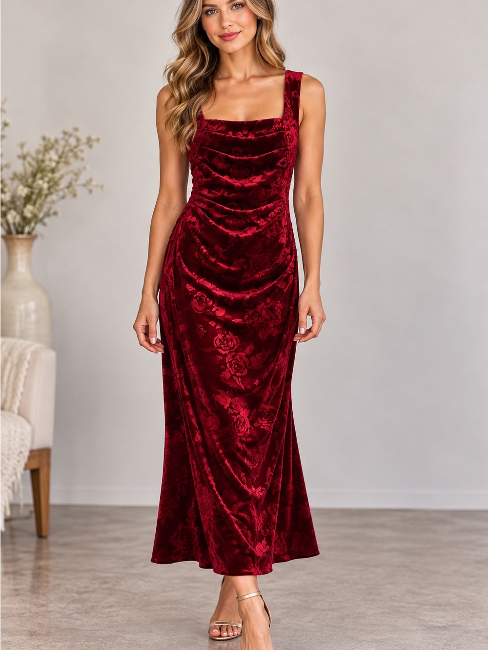 Red Velvet Floral Maxi Dress women’s Size Small Sleeveless Cowl Neck Goth Vamp